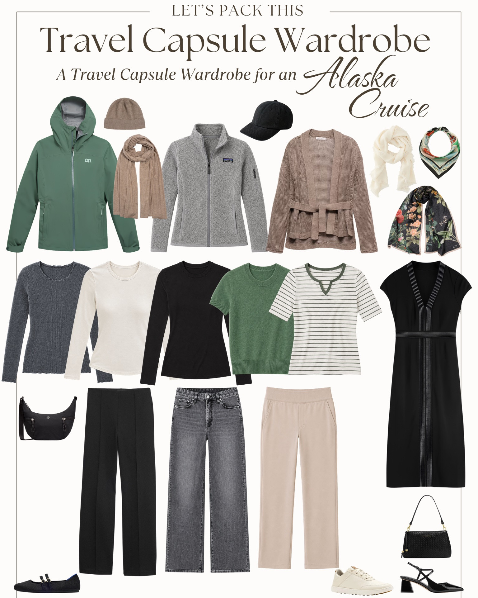 This travel capsule wardrobe was designed for an Alaska Inside Passage cruise in summer — wet port mornings, glacier decks, casual ship dinners, and long days exploring some of the most dramatic scenery on earth.

Expect daytime highs: high 50s–low 70s°F depending on port and month. June runs coolest and driest. July and August are slightly warmer but rainier. Evenings are cool even in summer — and glacier viewing from the ship deck can feel closer to 40°F with wind chill. 

Layers aren't optional here. They're the whole strategy.
A few things that make Alaska packing different from any other cruise:
* Your rain jacket is the most important piece in this bag — not water-resistant, waterproof. Ketchikan averages 140+ inches of rain annually.
* Glacier Bay will be the coldest you'll be on this trip. Keep your beanie, gloves, and layers accessible — not packed away in your cabin.
* 18 hours of daylight in June is real. Pack an eye mask.
* Ankle-length bottoms only — wet boardwalks will ruin a dragging hem by day two.

Here's your packing list:
* 5 tops — lightweight knits in merino or cashmere that layer or stand alone
* 3 bottoms — black ponte straight ankle, gray denim, tan athleisure straight ankle
* 1 dress styled three ways for dressy nights
* 3 layers — waterproof rain jacket, Patagonia fleece, belted cardigan
* Accessories — beanie, baseball cap, scarves, gloves, merino socks
* 3 shoes — waterproof sneaker, black ballet flat, closed-toe block heel slingback
* Crossbody + packable backpack + structured evening bag
* Travel day sweat set that doubles as your ship lounge outfit

13 core pieces, multiple outfit combinations — and it all fits in a carry-on if you wear your bulkiest items on the plane.

Not headed to Alaska? This capsule also works for Canada's Inside Passage, Iceland in summer, Norway and the fjords, and the Pacific Northwest in shoulder season. With the active add-ons, it translates to a Canadian Rockies winter trip or a Lapland adventure.

#LTKOver40 #LTKTravel
