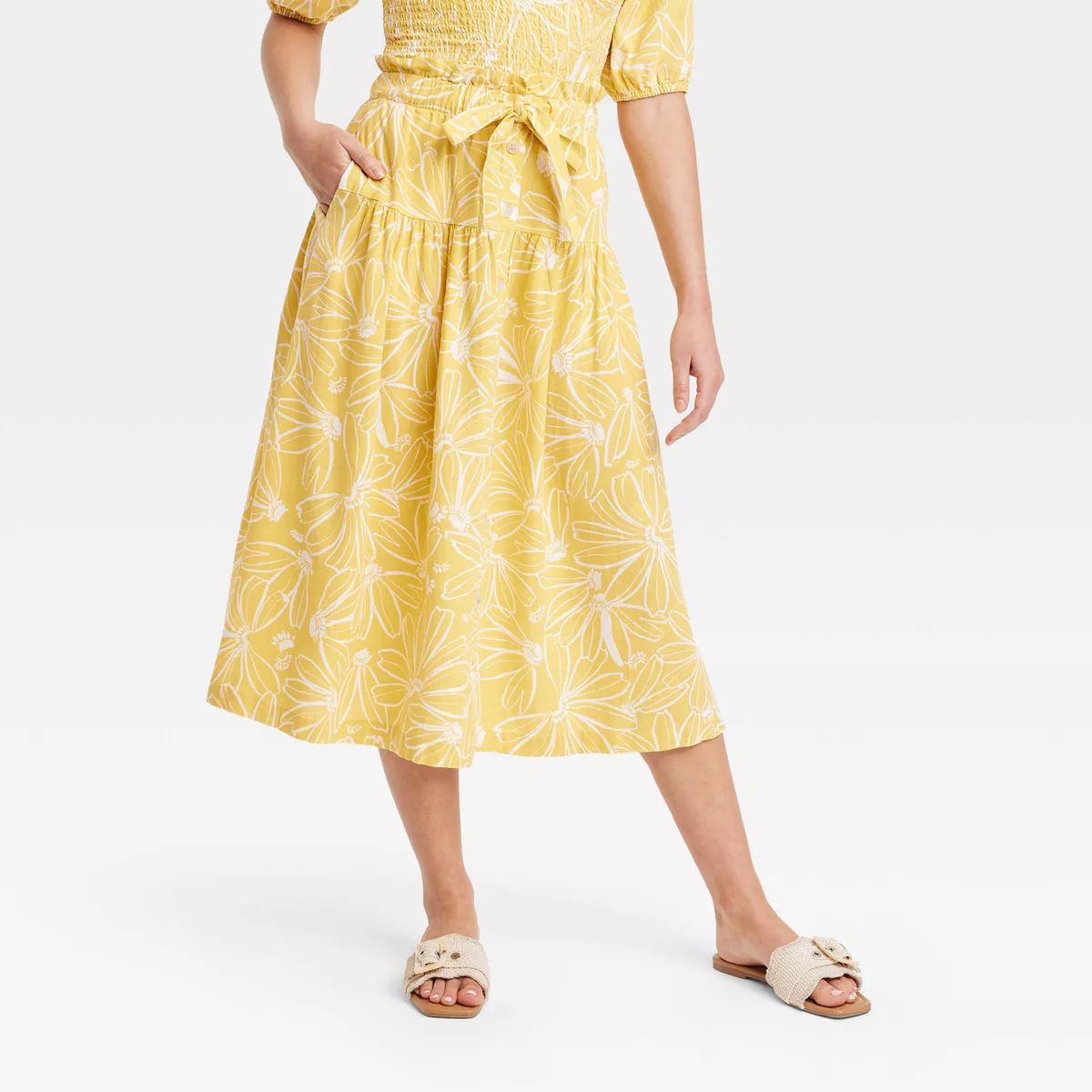 Women's Tie Waist Midi Skirt - Universal Thread™ Yellow Floral XS | Target