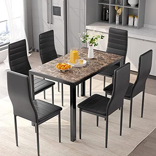 BAHOM 7 Piece Kitchen Dining Table Set for 6, Particle Board Table and PU Leather Chairs Set of 6 fo | Amazon (US)