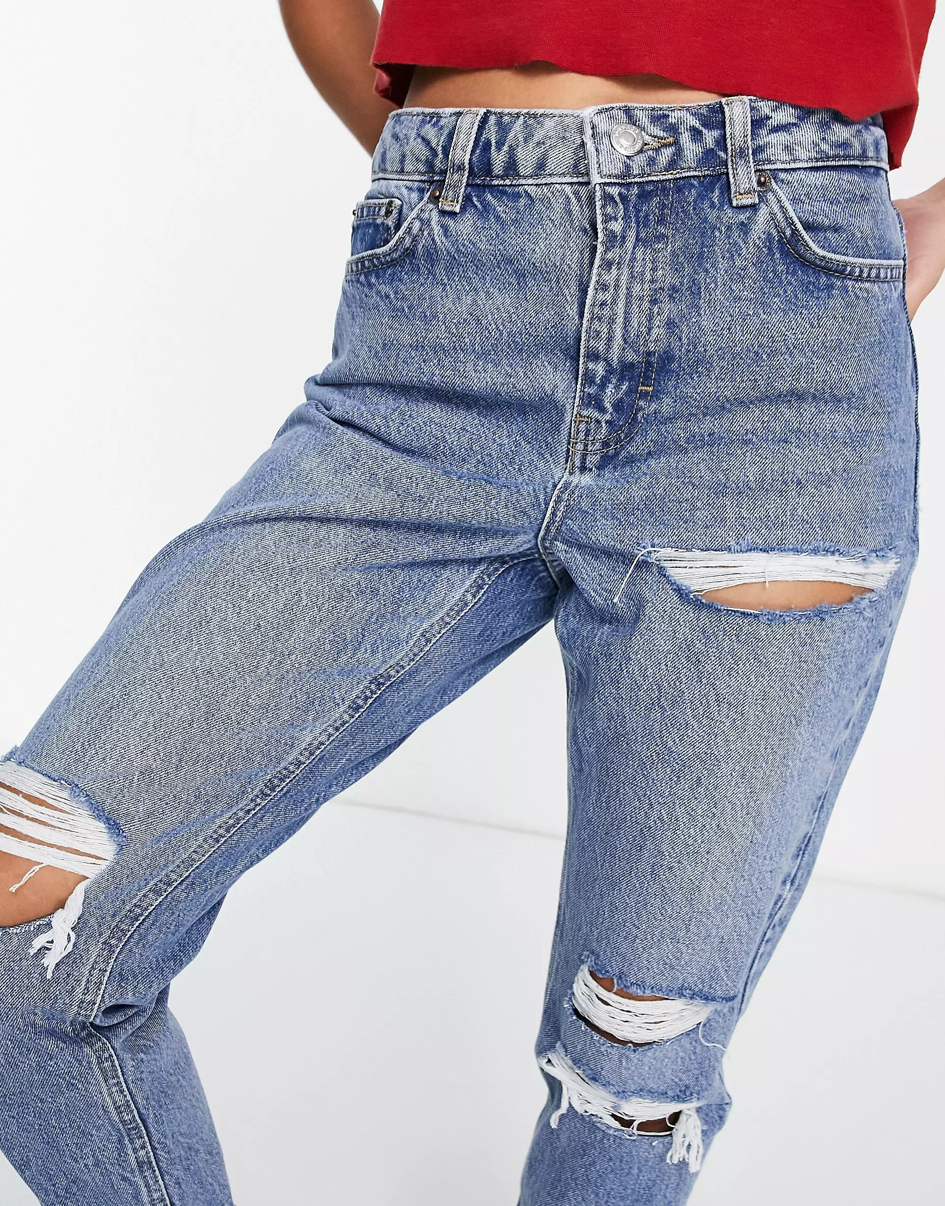 Topshop Petite mid blue ripped mom jeans | ASOS (Global)