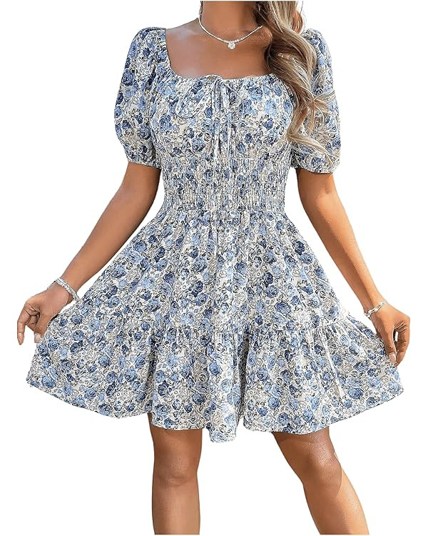 Floerns Women's Boho Square Neck Puff Short Sleeve Self Tie Front A Line Dress | Amazon (US)