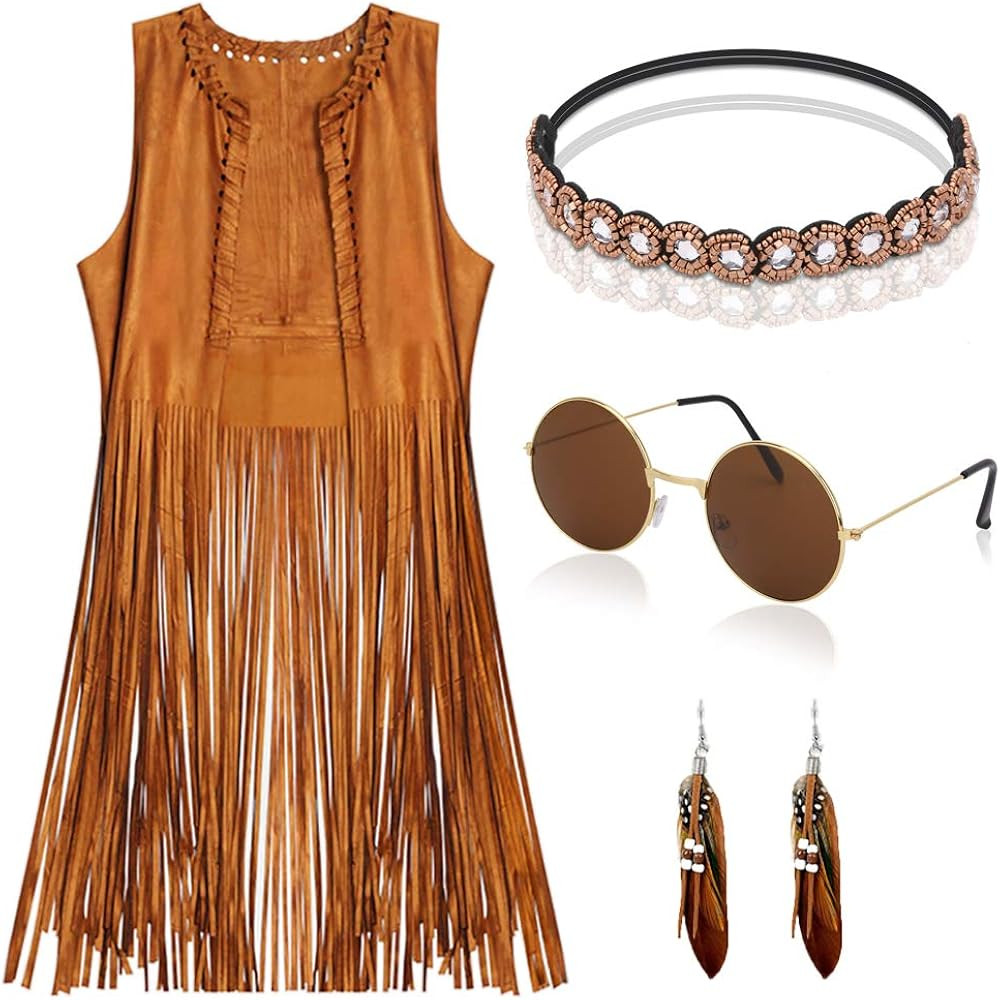 Hippie Costumes Clothes for Women Girls 60s 70s Outfits Brown Fringe Hippie Vest Set 4PCS | Amazon (US)