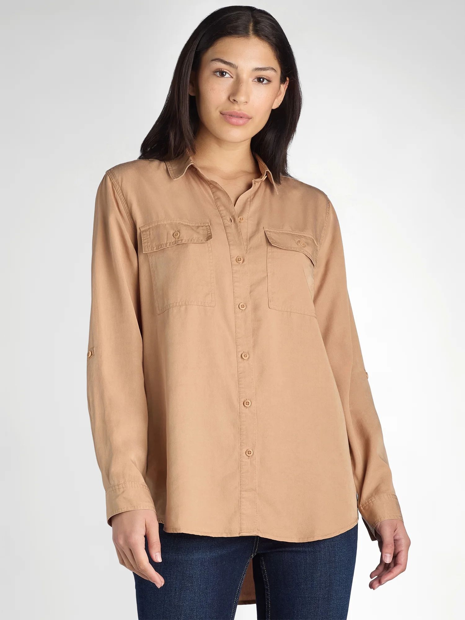 Time and Tru Women’s Button Front Utility Blouse with Long Sleeves, Sizes XS-XXXL - Walmart.com | Walmart (US)