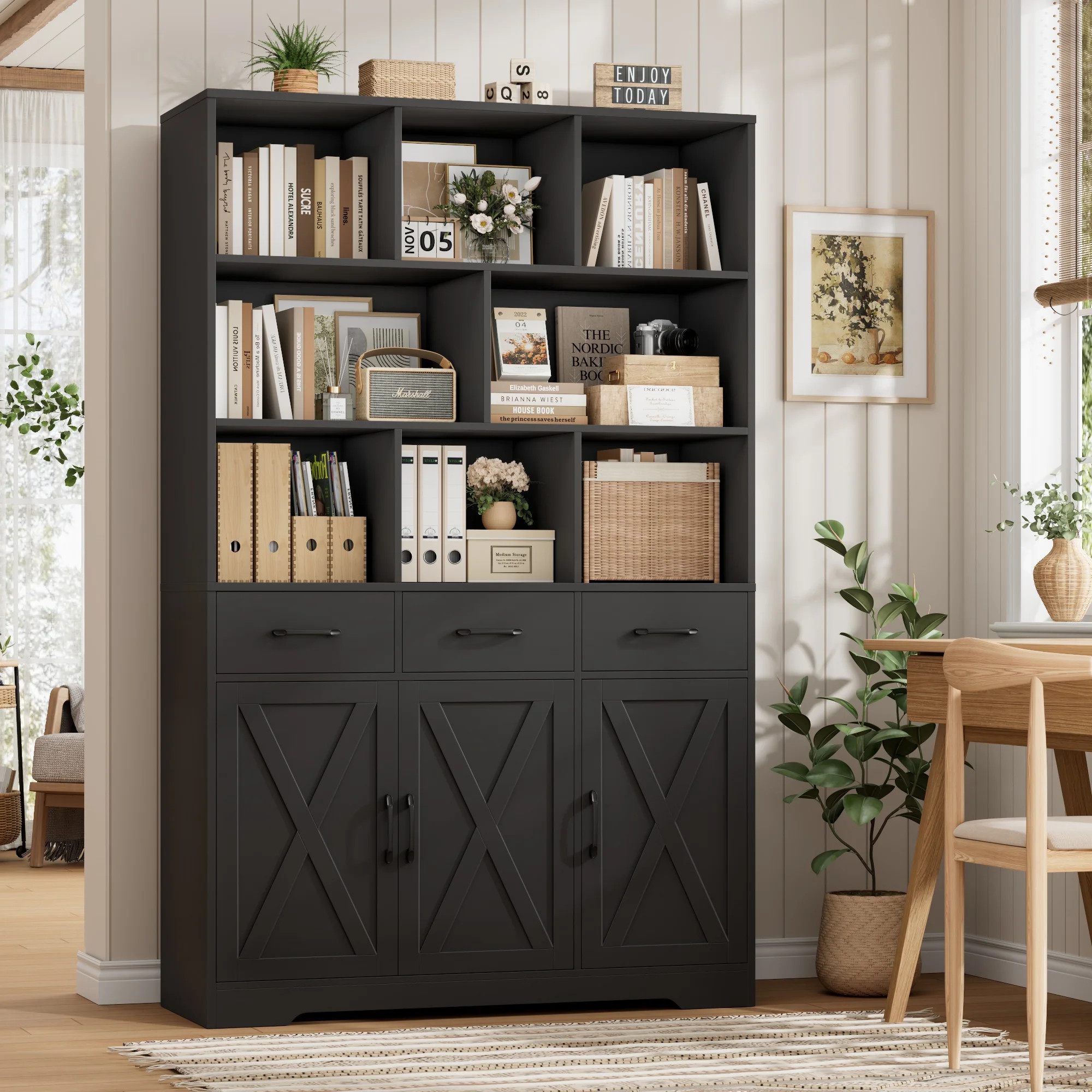 Hiphuta 71" Tall Bookcase with 3 Drawers and Doors, 43" Wide Farmhouse Bookcase with 8 Open Compartments for Office Living Room, Black - Walmart.com | Walmart (US)