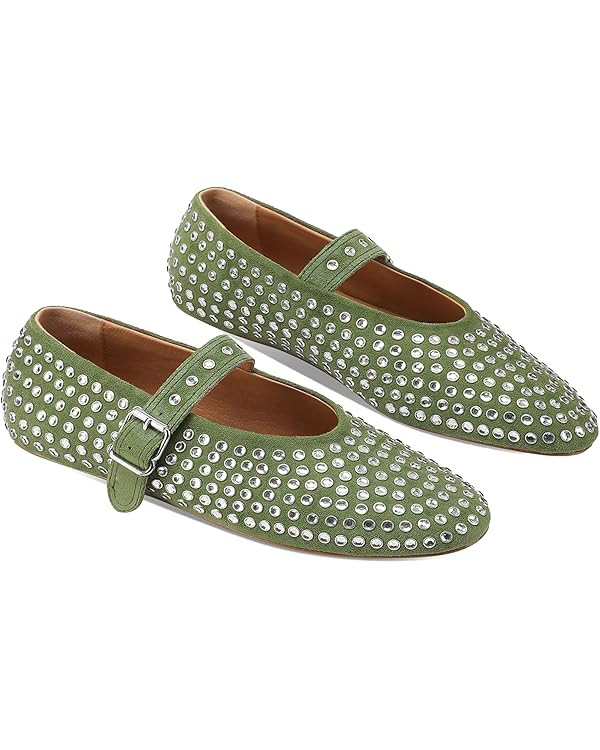 Women's Rhinestone Flats Crystal Studded Mary Jane Ballet Flats Shoes Buckle Ballerina Shoes | Amazon (US)
