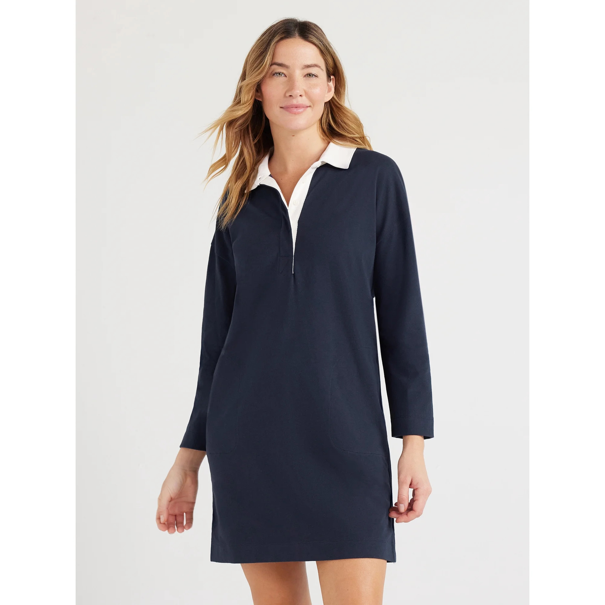 Free Assembly Women’s Striped Polo Mini Dress with Long Sleeves, Sizes XS-XXL | Walmart (US)