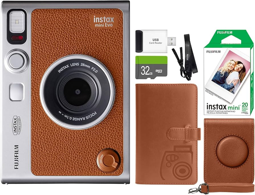 FUJIFILM INSTAX Mini EVO Hybrid Instant Camera Brown + Fuji Instax Film 20 Sheet + Custom Case & ... | Amazon (US)