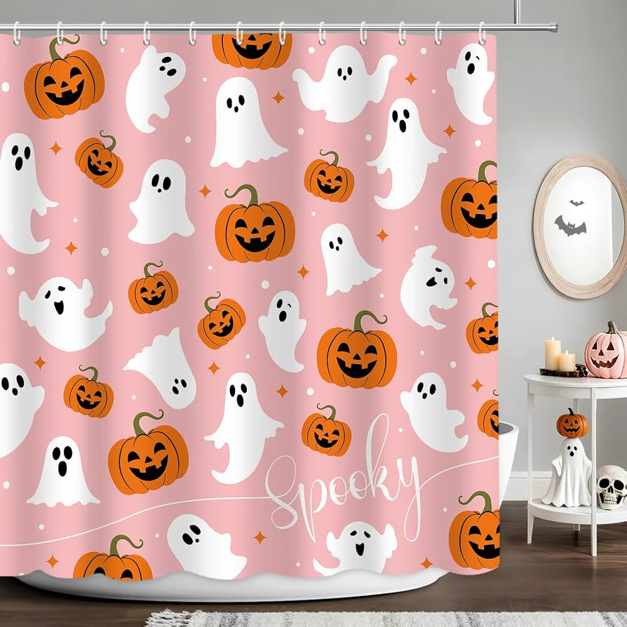 APROPHIC Halloween Shower Curtain 72x72 Inches, Cute Pink Ghost Pumpkin with Spooky Text, Holiday... | Amazon (US)