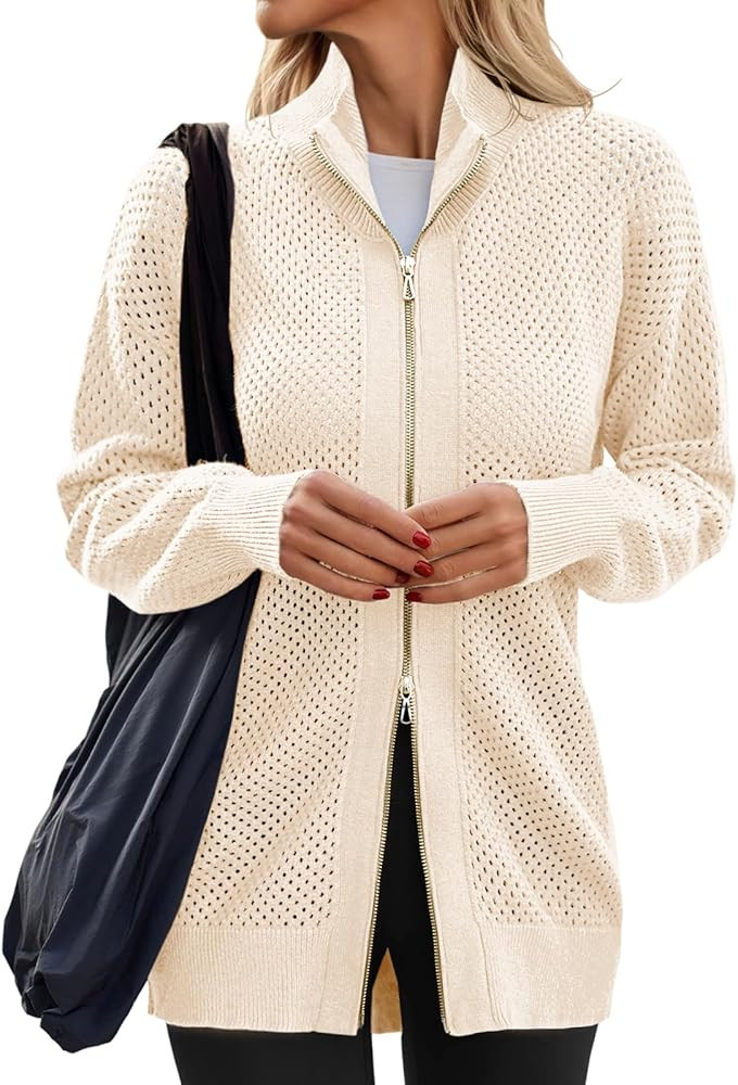 Women's Turtleneck Zip Up Cardigan Sweaters Oversized Drop Shoulder Long Sleeve Casual Solid Mesh... | Amazon (US)