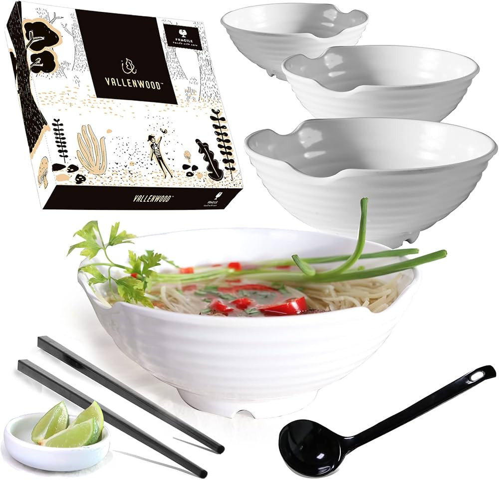 4 XL White Pho Bowls set. 16 Pieces Pho Bowl Set for Asian Noodle Dishes, 52 oz Restaurant Qualit... | Amazon (US)