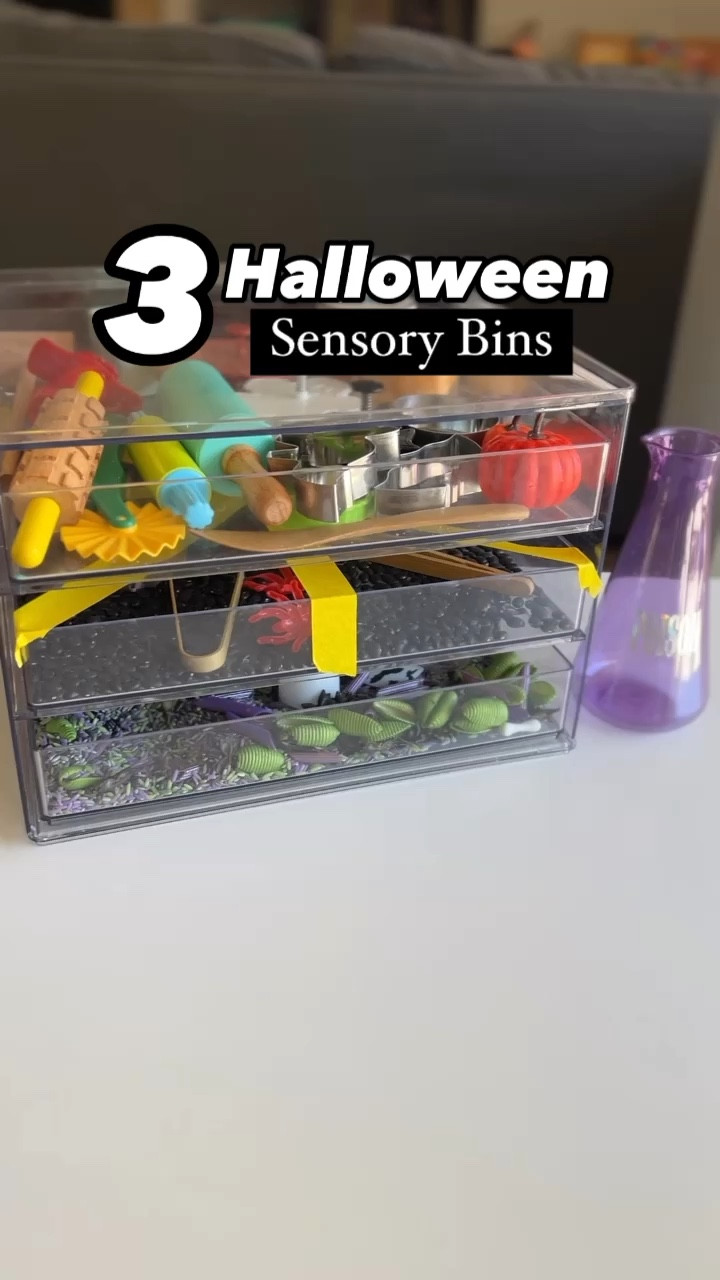 The sensory fillers/bases that we used are:
✨ Play dough (homemade)
✨ Black beans
✨ The Sensory Mess Halloween “Mess in a Bag” from last year

All stored in the Target 3-drawer storage bin that’s perfect for sensory activities.

#LTKKids #LTKHalloween #LTKVideo