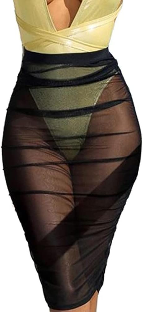 Women Sexy See-Through Maxi Swimsuit Skirt Sheer Chiffon Skinny Sarong Bikini Cover up | Amazon (US)