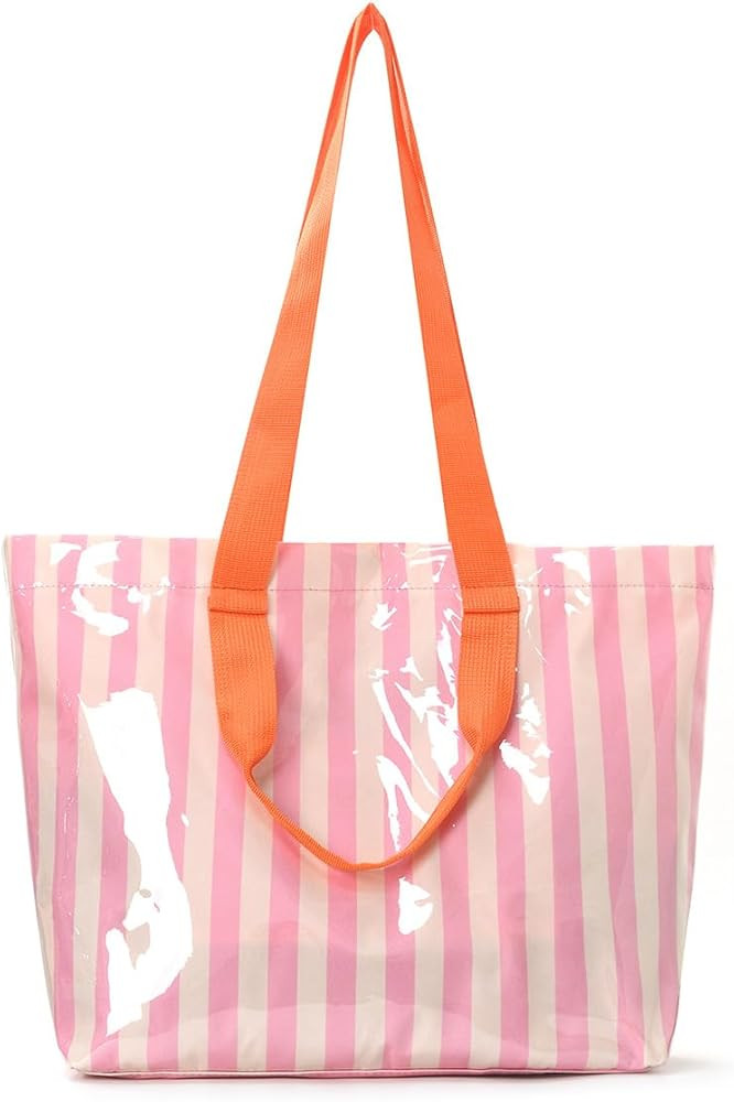Women’s Waterproof PVC Tote Bag with Long Strap,Trendy Summer Stripe Plastic Top Handle Bag for Vacation Beach Travel | Amazon (US)