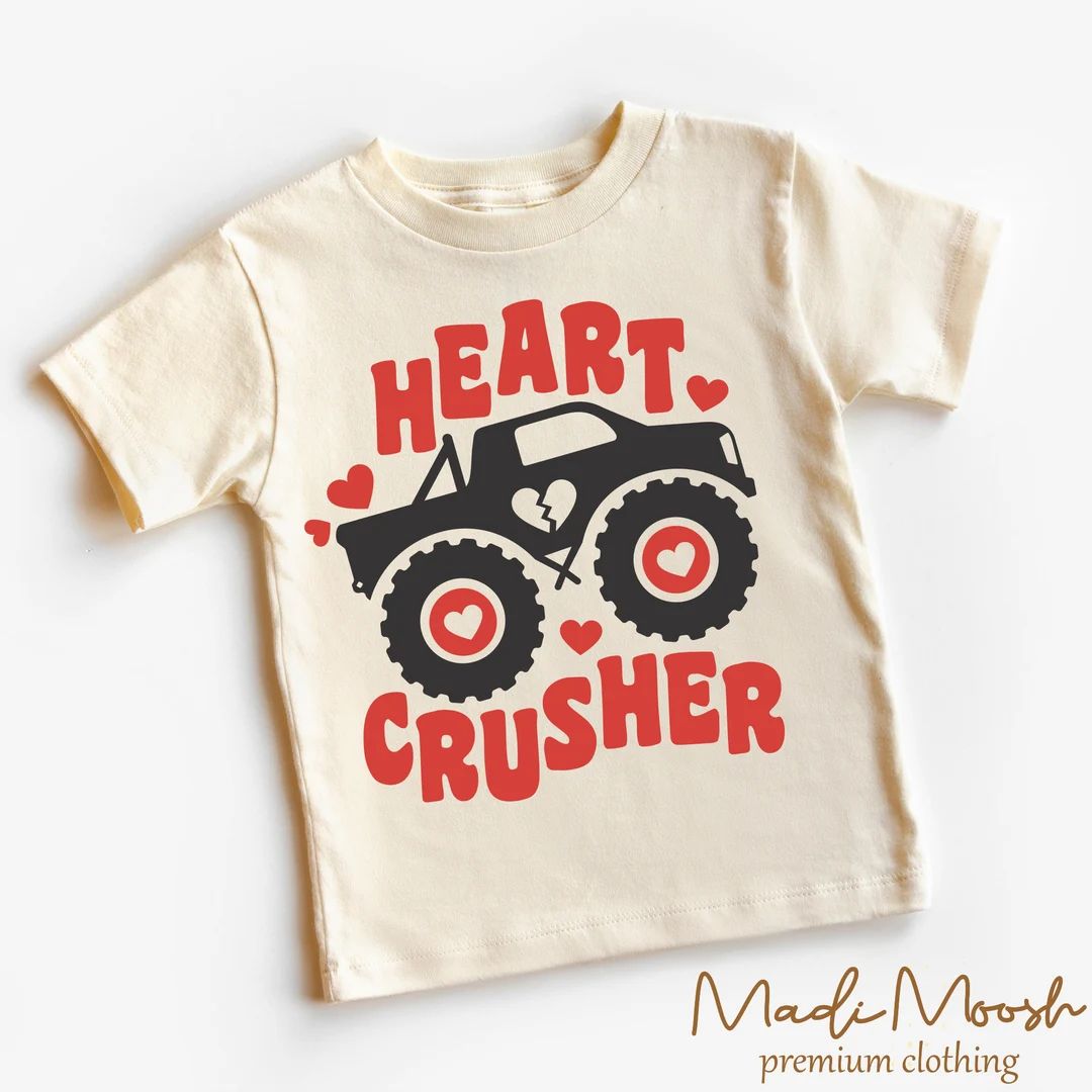 Heart Crusher Valentine Kids Shirt Monster Truck Valentine's Day Toddler Tee Natural Kids Shirt -... | Etsy (US)