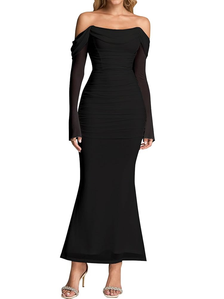 KUTUMAI Off Shoulder Long Sleeve Maxi Dress Corset Bodycon Ruched Cocktail Formal Wedding Guest D... | Amazon (US)