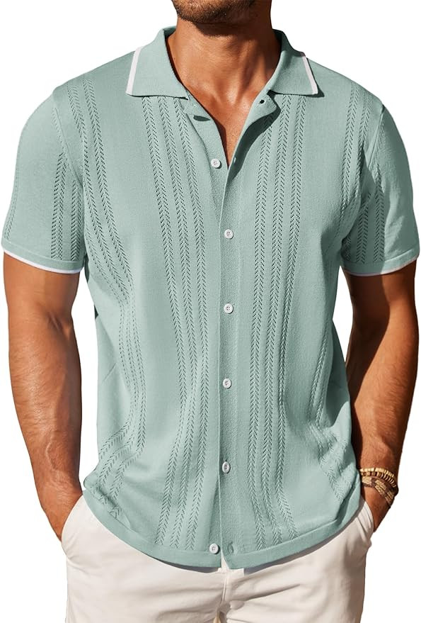 COOFANDY Men's Knit Button Down Shirt Vintage Short Sleeve Polo Shirts Casual Beach Tops | Amazon (US)