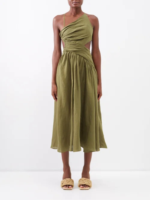Zimmermann - Laurel Asymmetric Linen Midi Dress - Womens - Olive | Matches (US)
