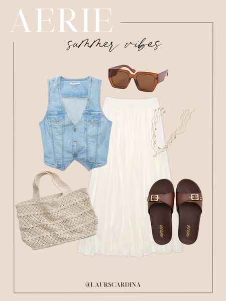 Summer vibes from Aerie include this denim vest paired with a flowy cream skirt, brown sandals, a mesh tote bag, layered necklace, and brown sunglasses. 

Ootd, summer outfit, spring outfit, country concert 

#LTKshoecrush #LTKfindsunder50 #LTKstyletip
