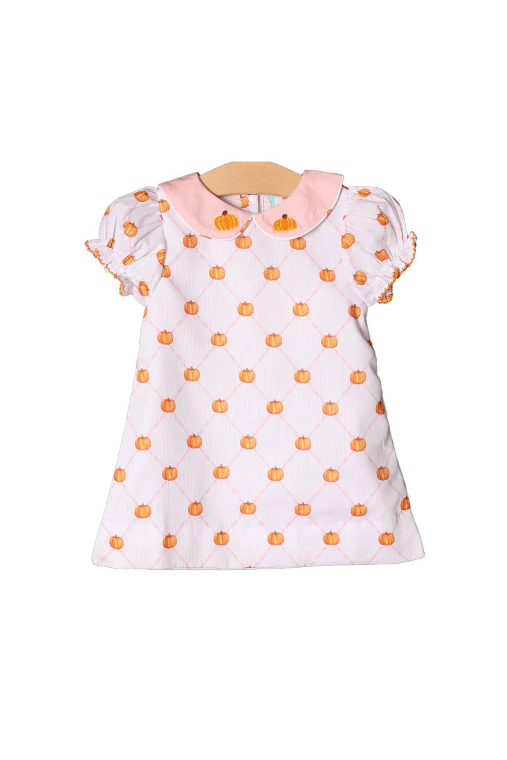 Embroidered Pumpkin Pink Trellis Dress | The Smocked Flamingo