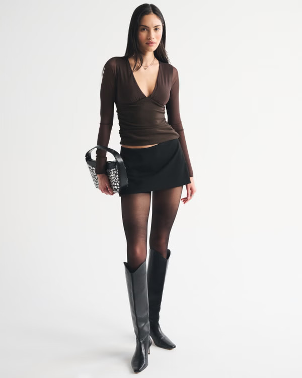 Bra-Free Long-Sleeve Mesh Plunge Top | Abercrombie & Fitch (US)