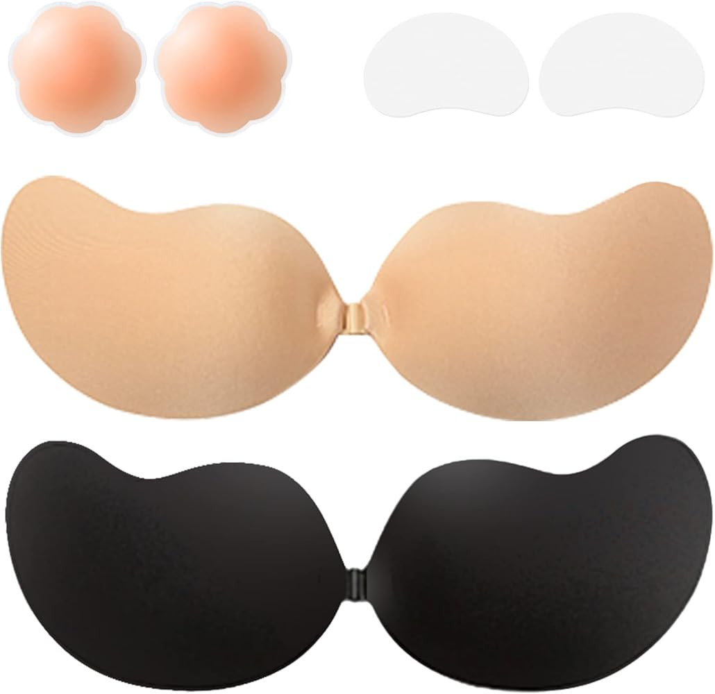 Sticky Bra Push Up Invisible Strapless Bras for Women 2 Pairs Reusable with Nipple Covers for Bac... | Amazon (US)