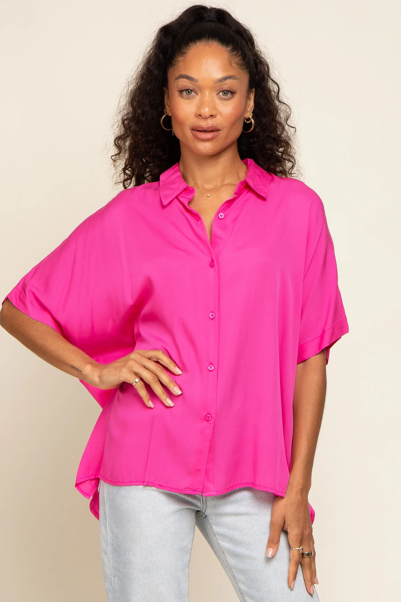 Fuchsia Button Up Dolman Short Sleeve Maternity Top | PinkBlush Maternity