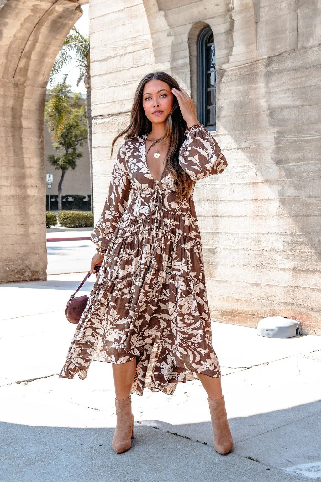 Brown Floral Chiffon High-Low Midi Dress | Magnolia Boutique