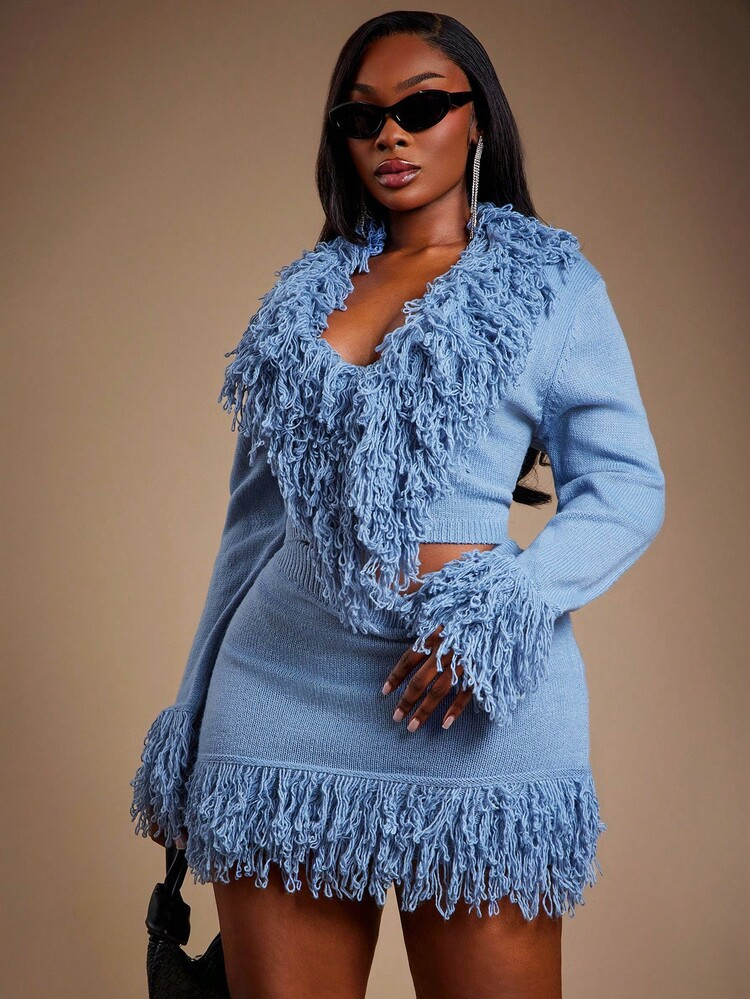 Radiana Plus Size Women Elegant Tasseled Collar Knit Cardigan And Tasseled Hem Knit Skirt Sweater Set Autumn Winter Clothes For Women | SHEIN