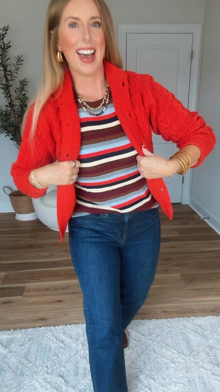 Walmart outfit idea! Red cable knit cardigan and colorful stripe sweater

#LTKootd