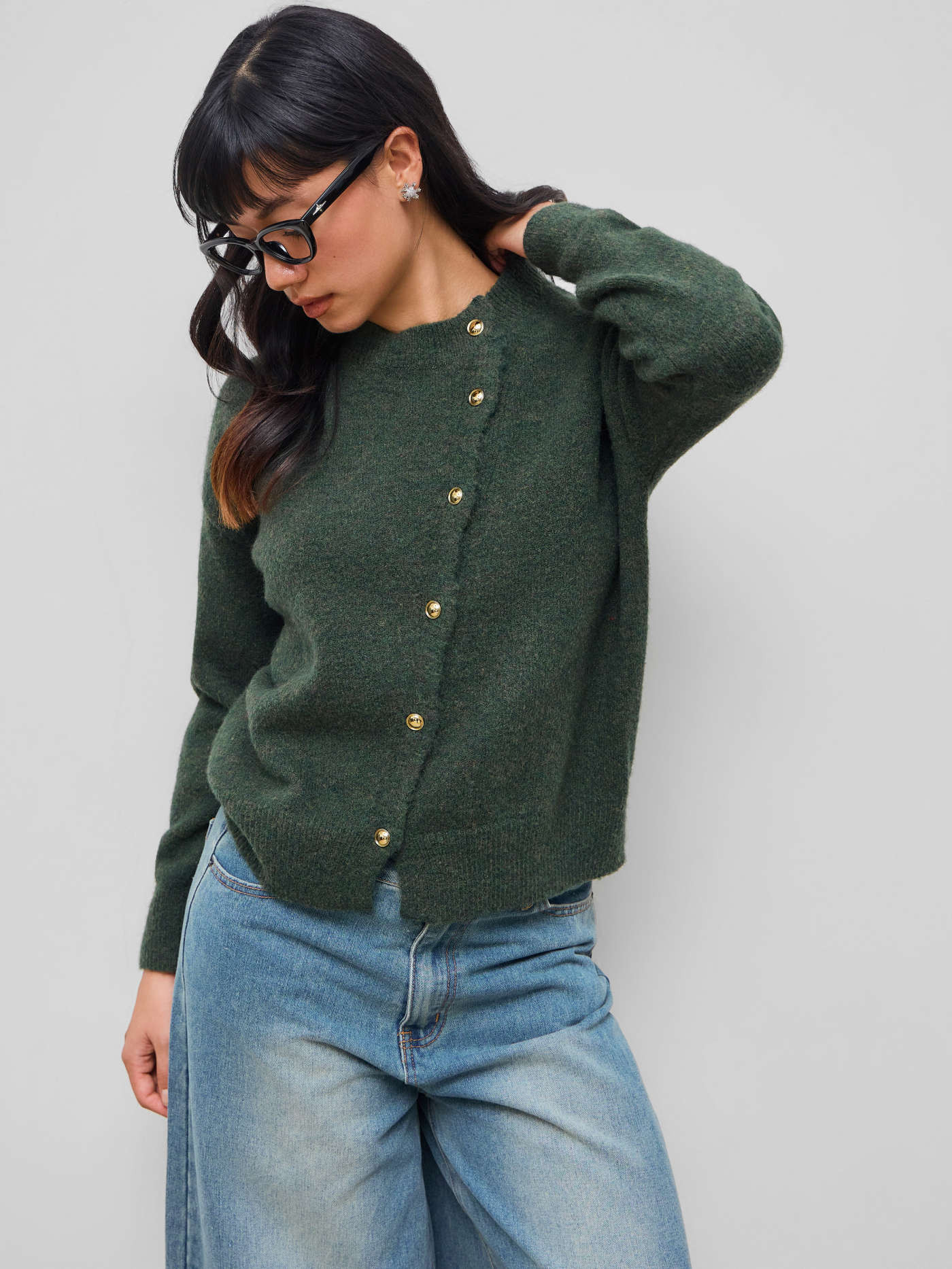 Knit Wool-blend Asymmetrical Button Up Oversized Long Sleeve Sweater | Cider