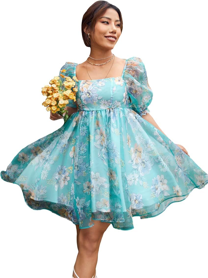 MakeMeChic Women's Tulle Dress Floral Puff Sleeve Square Neck Flared Short Dress | Amazon (US)