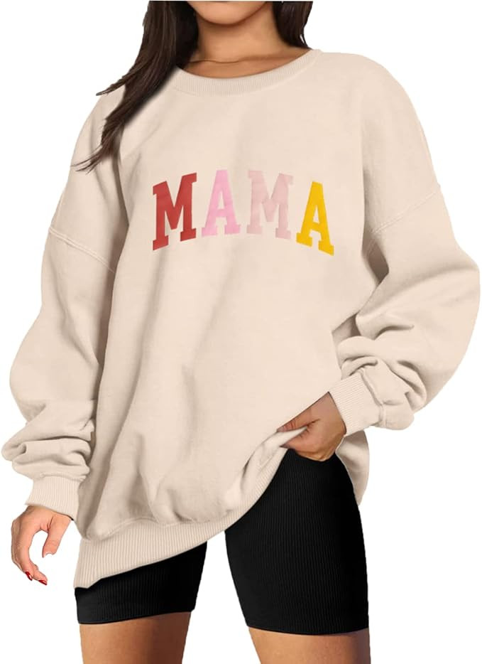 BOUTIKOME Mama Sweatshirt Women Funny Letter Print Mom Life Long Sleeve Crewneck Pullover Shirt B... | Amazon (US)