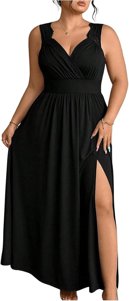 OYOANGLE Women's Plus Size Lace Trim Sleeveless Maxi Dress Wrap V Neck High Slit Formal Evening D... | Amazon (US)