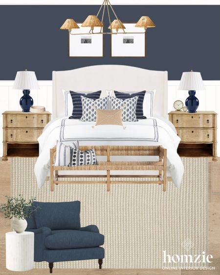 Blue and white bedroom design is perfect for the coastal transitional lover! We love this upholstered headboard, neutral rug, and wood nightstands! 

#LTKfamily #LTKhome #LTKfindsunder100