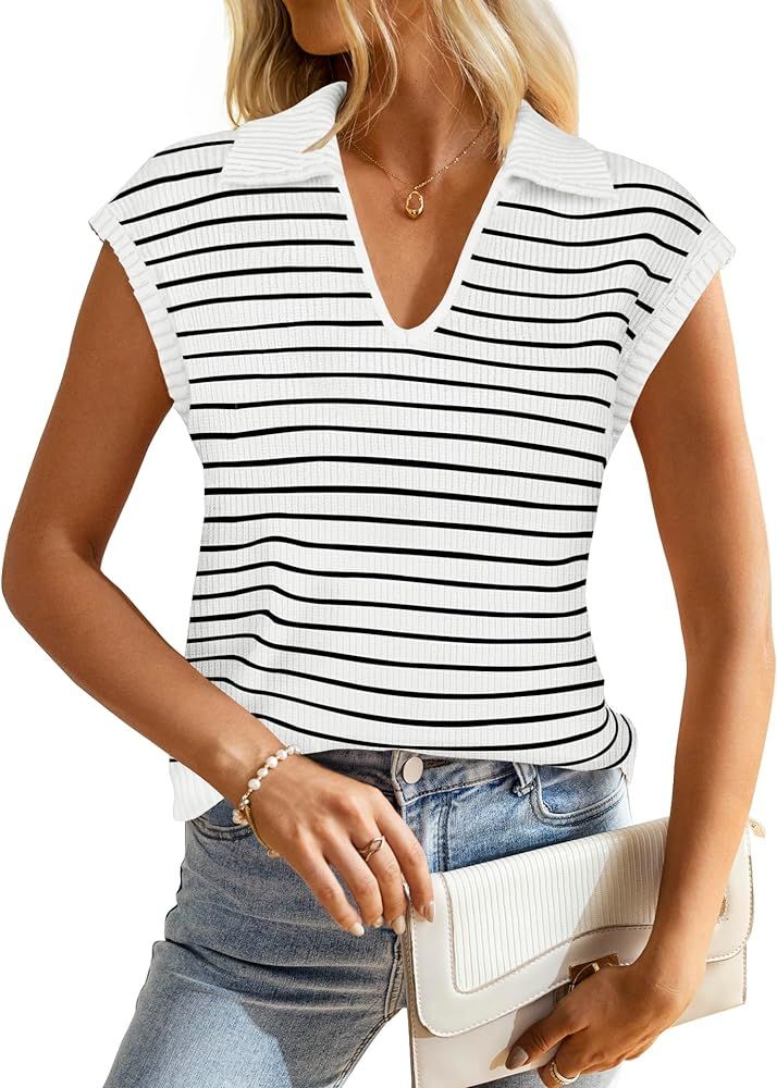 ZESICA Womens Summer Striped Sweater Vest Cap Sleeve V Neck Pullover Tank Tops Sleeveless Fashion... | Amazon (US)