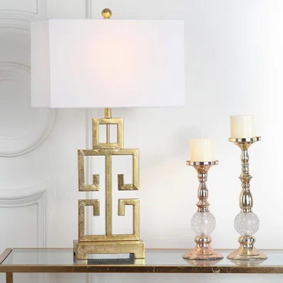 Antique Gold Greek Key Table Lamp Set Of 2 With LED Bulbs - Metal Nightstand Lamps For Bedroom, Living Room, Home Office | Wayfair North America