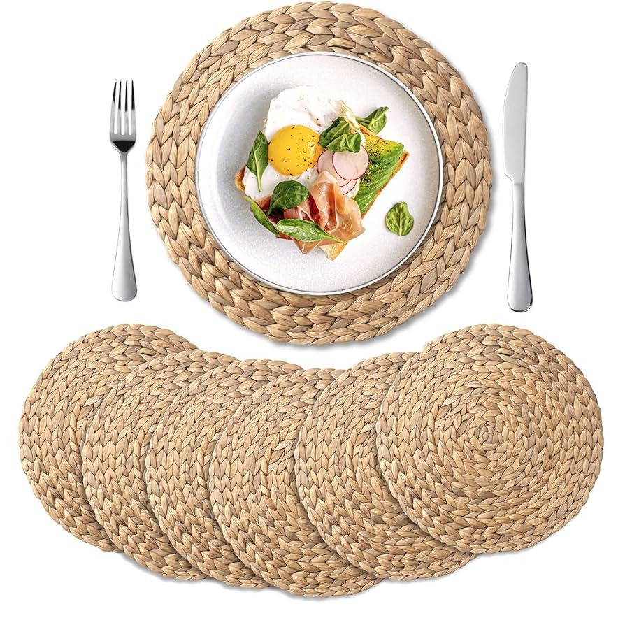 6 Pack, Round Woven Placemats, Natural Water Hyacinth Wicker Place mats, Braided Straw Table Mats... | Amazon (US)