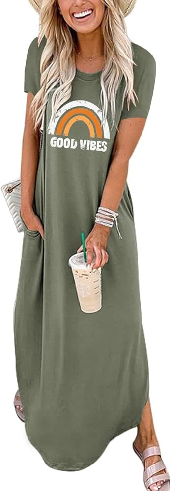 Prinbara Women's Casual Loose Sundress Long Dress Short Sleeve Split Maxi Dresses Summer Beach Dress | Amazon (US)