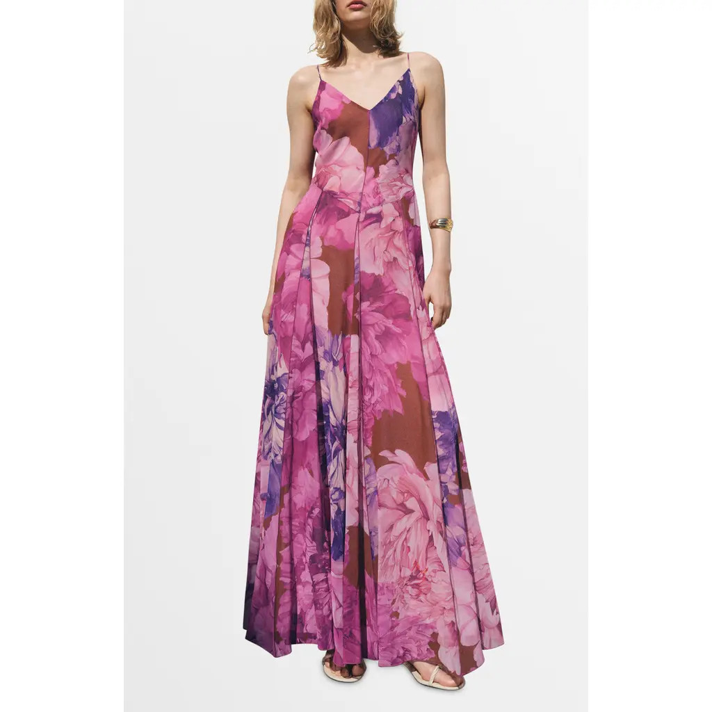 MANGO Floral Print Sleeveless Godet Maxi Dress in Purple at Nordstrom, Size 6 | Nordstrom