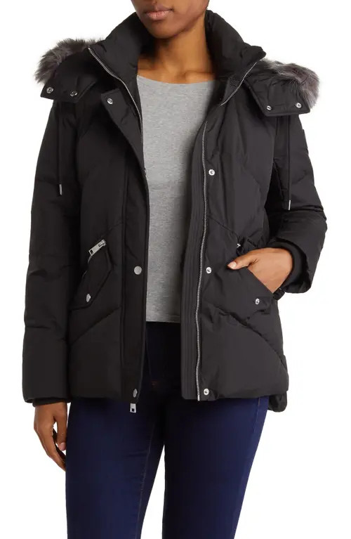 Andrew Marc Essential Water Resistant Down Puffer Faux Fur Hooded Jacket in Black at Nordstrom, Size Large | Nordstrom