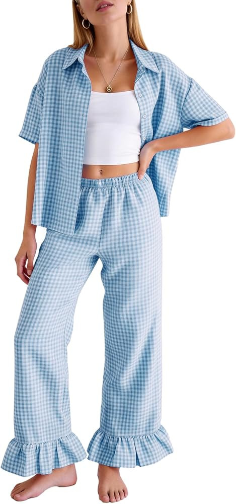 Flygo Womens Plaid Pajama Sets 2 Piece Gingham Cotton Pjs Loungewear Cute Button Down Shirts Tren... | Amazon (US)