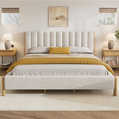 Christopher Knight Home Witt Modern Wood Boucle Platform Bed with Vertical Stripes Headboard, White, King | Target