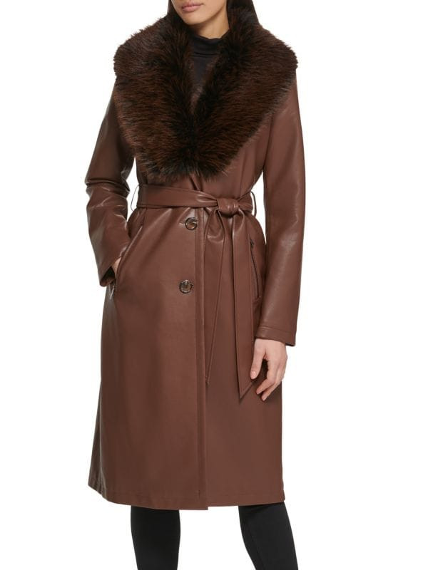 Faux Leather & Faux Fur Belted Trench Coat | Saks Fifth Avenue OFF 5TH