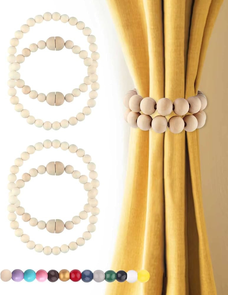 Magnetic Curtain Tiebacks 4 Pack: Strong Magnets Closure, Boho Curtain Tiebacks Holders Wood Bead... | Amazon (US)