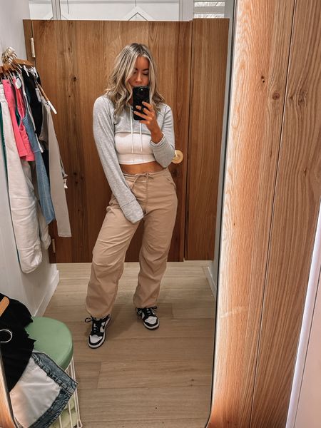 Gray cropped sweatshirt, white ribbed cropped tank top, beige cargo pants, Aerie outfit, Hollister outfit, Spring look 

#LTKunder100 #LTKU #LTKSeasonal