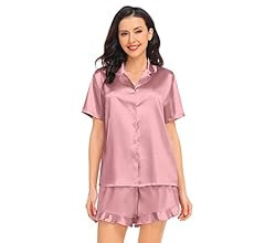 SWOMOG Women's Silk Satin Pajamas Set Short Sleeve Button Down Sleepwear Ruffle Hem Shorts PJ Set... | Amazon (US)