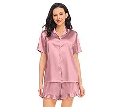 SWOMOG Women's Silk Satin Pajamas Set Short Sleeve Button Down Sleepwear Ruffle Hem Shorts PJ Set... | Amazon (US)