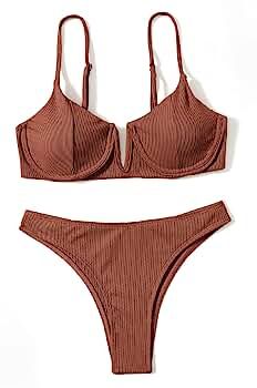 SheIn Women's 2 Piece Bikini Set High Cut Push Up Underwire Bra Bathing Suit | Amazon (US)