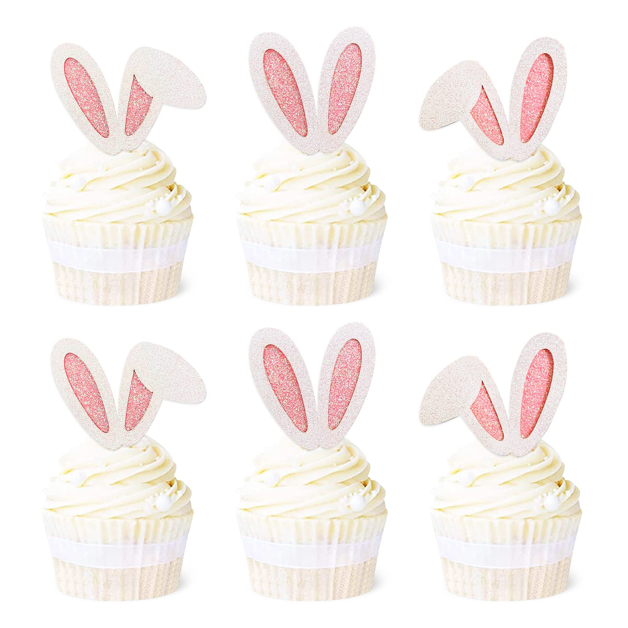 Ercadio 24 Pack Easter Bunny Ear Cupcake Toppers Glitter Pink Rabbit Ears Cupcake Picks Easter Bu... | Amazon (US)