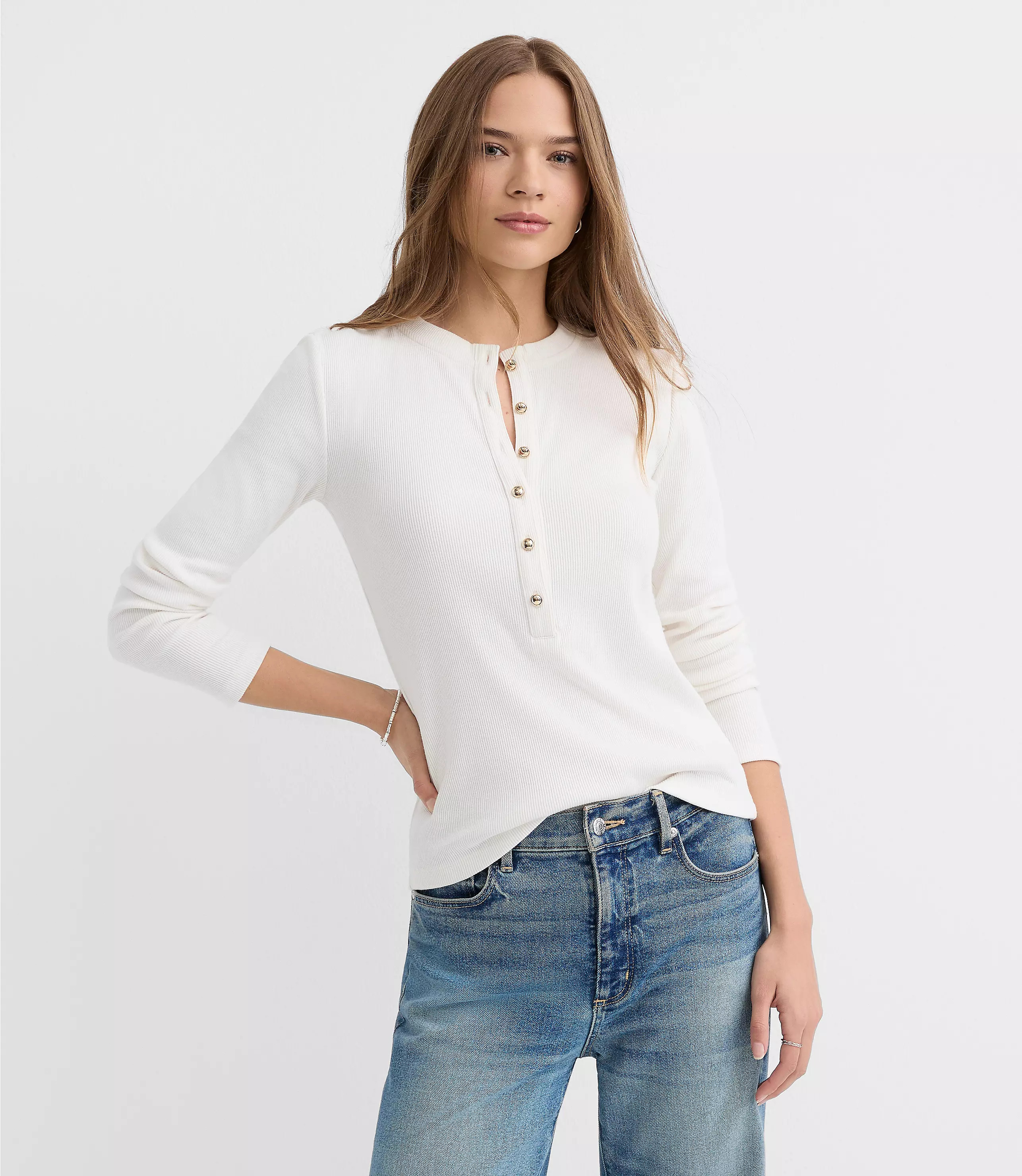 Metallic Button Henley Top | LOFT
